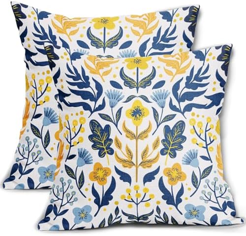 Blue Yellow Teal Floral Pillow Covers 22x22 Set of 2 Flower Flower