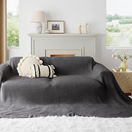 Bedsure 100% Cotton Big Oversized King Blanket, Waffle Weave, Charcoal