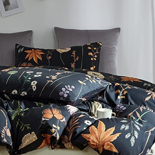 Floral Duvet Cover Set California King, 3 Pcs Soft Microfiber Black