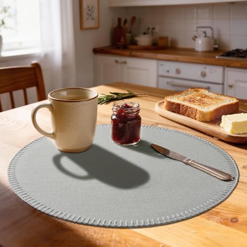 Round Placemats Set of 8 - Machine Washable Linen-Like Cloth Place