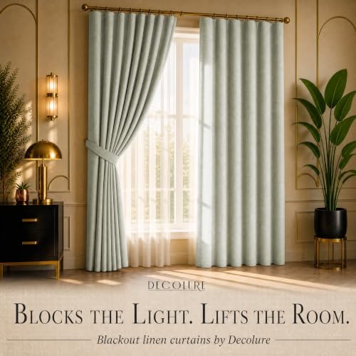 DECOLURE 100% Blackout Linen Curtains 108 Inches Long | Ivory