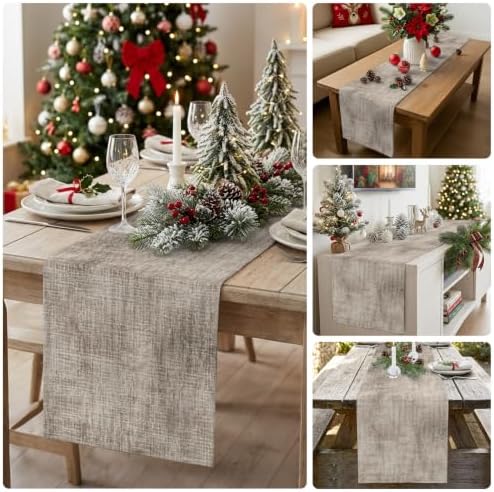 Brown Beige Table Runner - 90 Inch Long, Farmhouse Linen Texture