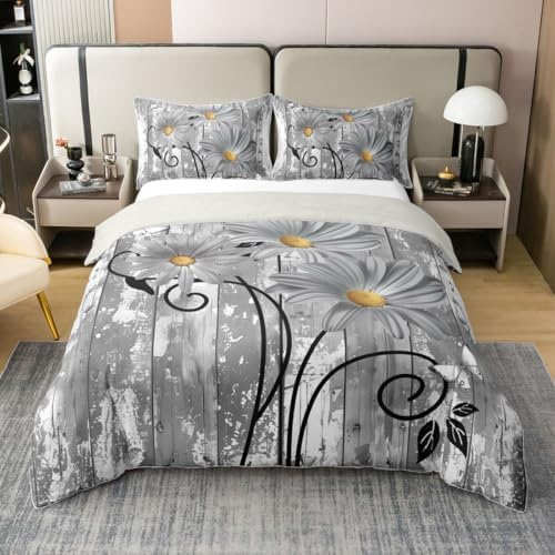 Erosebridal Daisy 100% Cotton Duvet Cover Grey Floral Bedding Set