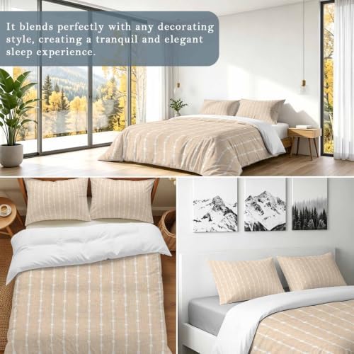 Beige Striped Duvet Cover Set 3 Pieces with Zipper Closure, Modern