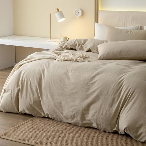 JIYUAN Full Washed Cotton Duvet Cover Set, 3-Piece, Relaxed Linen Feel