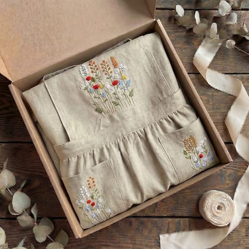 +Linen Embroidered +Apron For +Women With +Pockets, Cute Kitchen