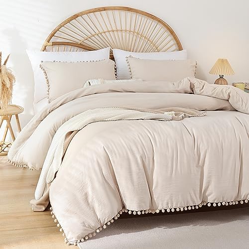 YIRDDEO Queen Comforter Set, Beige Ball Pom Fringe Bedding Set