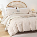 YIRDDEO Queen Comforter Set, Beige Ball Pom Fringe Bedding Set