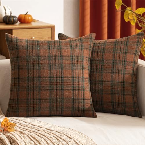 Fall Scottish Plaid Throw Pillow Covers 18x18 Orange Green Set of 2