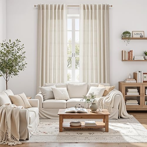 Extra Long Warm Beige Linen Curtains 120 Inch for Living Room 2 Panels