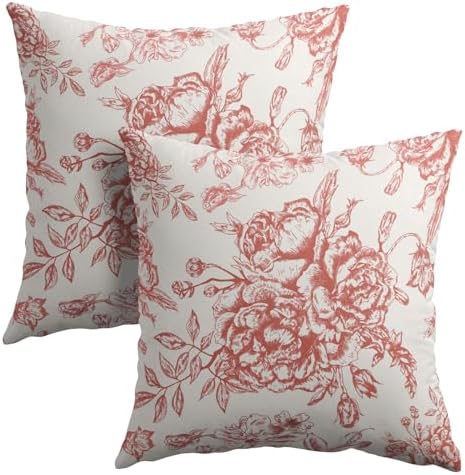 Red Cream Flowers Pillow Covers 18x18 Inch 2 Packs Chinoiserie Red and