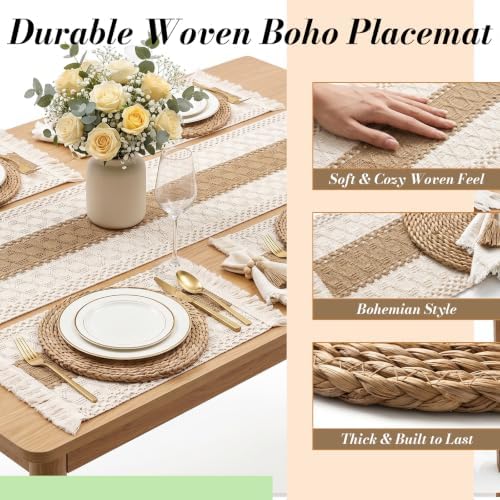 Boho Placemats Set of 6 - Boho Woven Placemat, Round Rattan Placemat