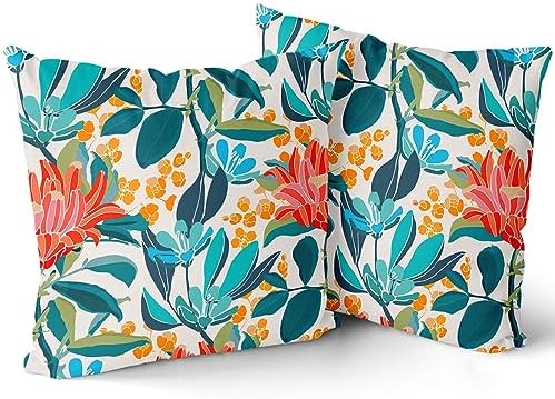 Teal Coral Floral Pillow Covers 20X20 Inch Turquoise Green Leaves