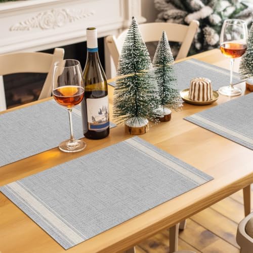 Gray Stripes Placemats Set of 8, Cotton Linen Fabric Place Mats