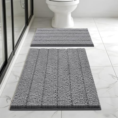 Bcoimo Bath Rug Mat Sets, 2 Piece Extra Soft Chenille Gray Bathroom