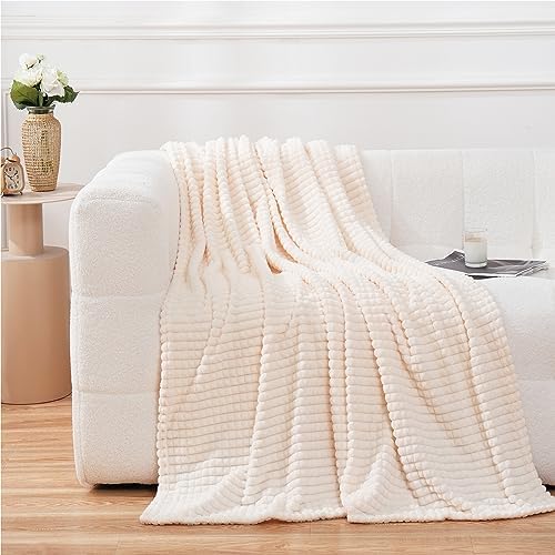Puncuntex Fleece Throw Blanket Cream White 50"×70" with Square Grid
