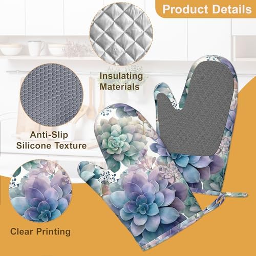 Succulent Botanical Floral Oven Mitts and Pot Holders Sets of 4, Heat