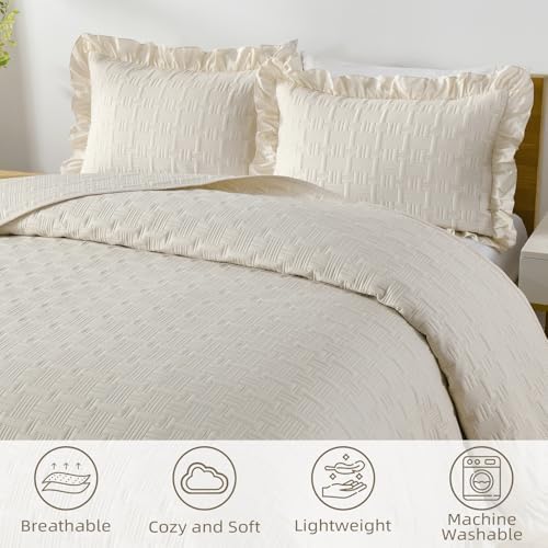 DJY King Size Quilt Bedding Sets, Beige Ruffled Bedspread Coverlet