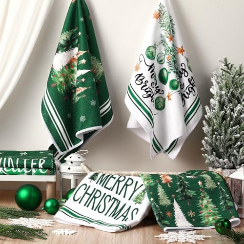 Oudain 6 Pcs Christmas Kitchen Towels Green Plaid Xmas Tree Tea