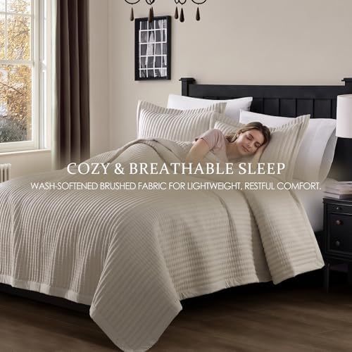 WDCOZY Beige King Size Quilt Set, Striped Pick Stitch Bedspread
