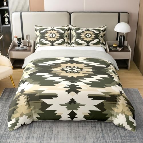 jejeloiu Bohemian Pattern Duvet Cover 100% Cotton Queen Size Green