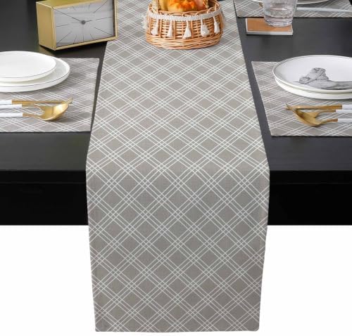 Taupe Grid Table Runner and Placemats Set of 4 Gray Lines Cotton Linen