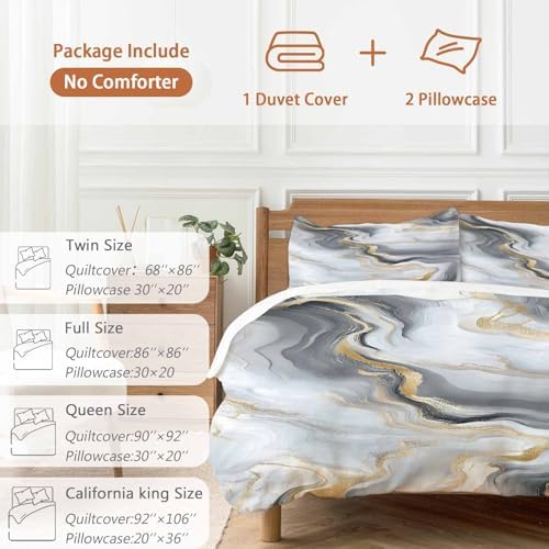 Gray Ombre Marble Bedding 3 Piece Duvet Cover Set Queen Size, Abstract