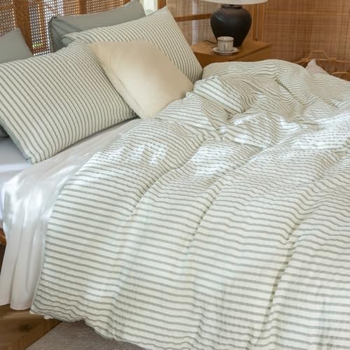 Duvet Cover Set King Striped Sage Green, 100% Washed Microfiber