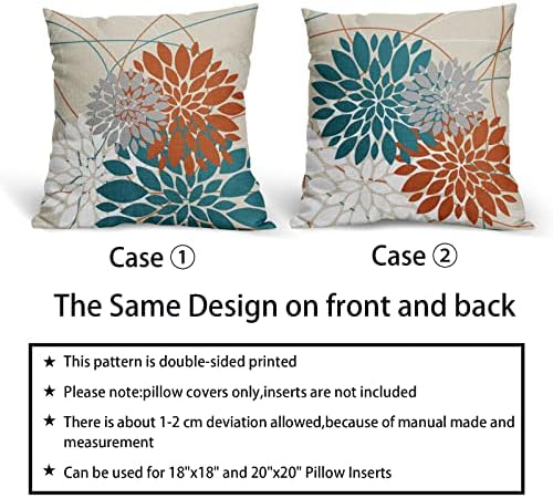 Teal Orange Pillow Covers 20x20 Dahlia Flower White Gray Elegant