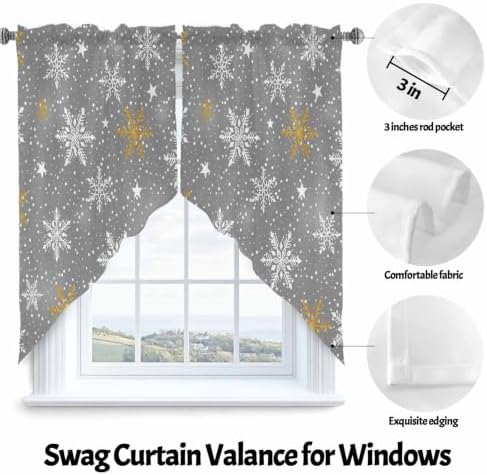 Christmas Snowflake Swag Valance Curtains Grey Winter Yellow White