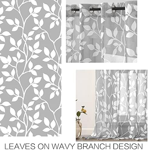 XTMYI Gray and White Sheer Curtains, Light Grey Leaf Pattern Window