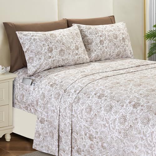 Elegant Comfort 6-Piece Sheet Set Deep Pocket, Queen, Paisley Taupe