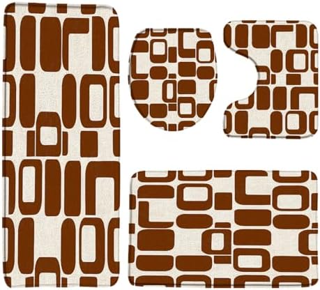 4 Piece Memory Foam Bath Mat Set,Brown Geometric Mid Century Boho