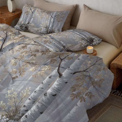 Light Gray Duvet Cover King Size Set - Soft Bedding with Birch Forest