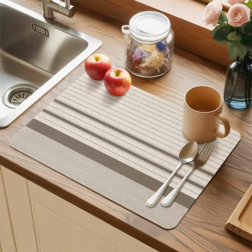 Placemats Set of 6, Minimalist Taupe Beige Striped Faux Leather
