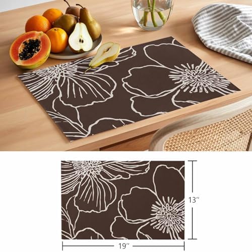 Placemats Set of 8, Brown Flowers Woven Placemat, Linen Place Mats for