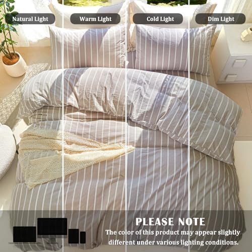 DONEUS Striped Duvet Cover Set 100% Washed Cotton Linen Like Queen