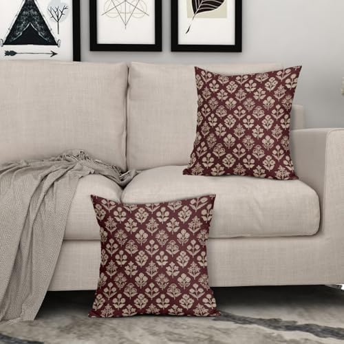 Burgundy Red Floral Block Print Pillow Covers 18x18 Inch Set of 2