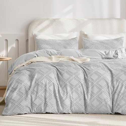 JELLYMONI Light Grey Grid Tufted Duvet Cover Set King Size