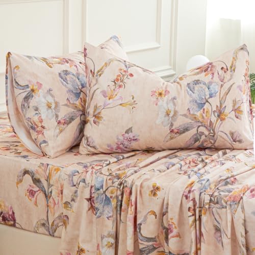 Beige Floral Bed Sheets Set King 100% Brushed Cotton Flannel-Like