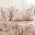 Beige Floral Bed Sheets Set King 100% Brushed Cotton Flannel-Like