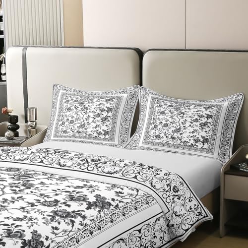 jejeloiu Floral Duvet Cover 100% Cotton Queen Size Gray Flowers