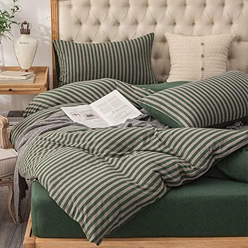 PURE ERA Jersey Duvet Cover Set Heather Forest Green Stripe California