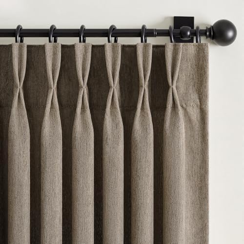 2 Panels Dark Brown Pinch Pleated Linen Curtains 96 Inches Long