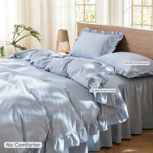 MooMee Ruffle Duvet Cover Set 100% Washed Cotton Queen