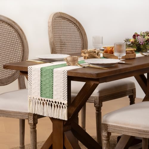 DeZerlor Ivory&Sage Green Boho Macrame Farmhouse Woven Table Runner
