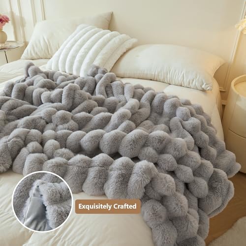 MEGO Fluffy Faux Rabbit Fur Ribbed Throw Blanket 60"x80", Gray