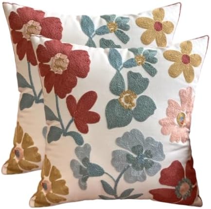 2 Pack Embroidered Floral Vintage Throw Pillow Covers Farmhouse Red