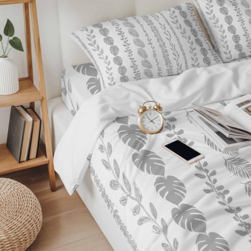 Grey Leaf Striped King 4 Piece Duvet Cover Set, Summer Botanical