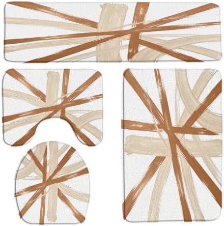 4PC Abstract Bath Mat Set Modern, Tan Beige, 19.7x31.5+23.6x35.4 Inch